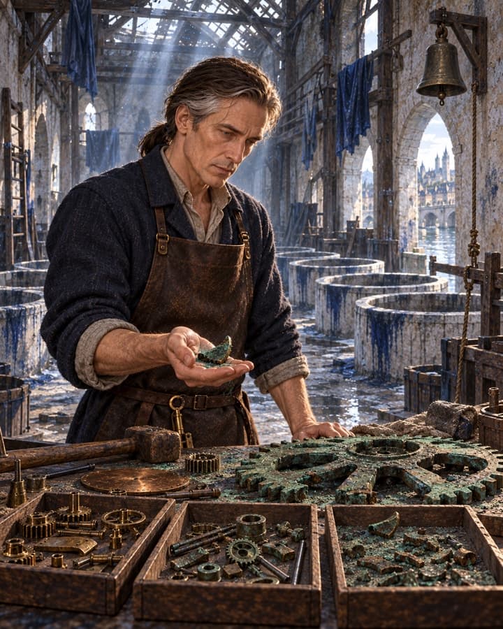 Les rouages démontés d’un ancien atelier baigné de lumière.